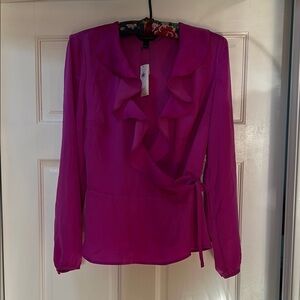 NWT Banana Republic Magenta Satin Ruffled Wrap Blouse